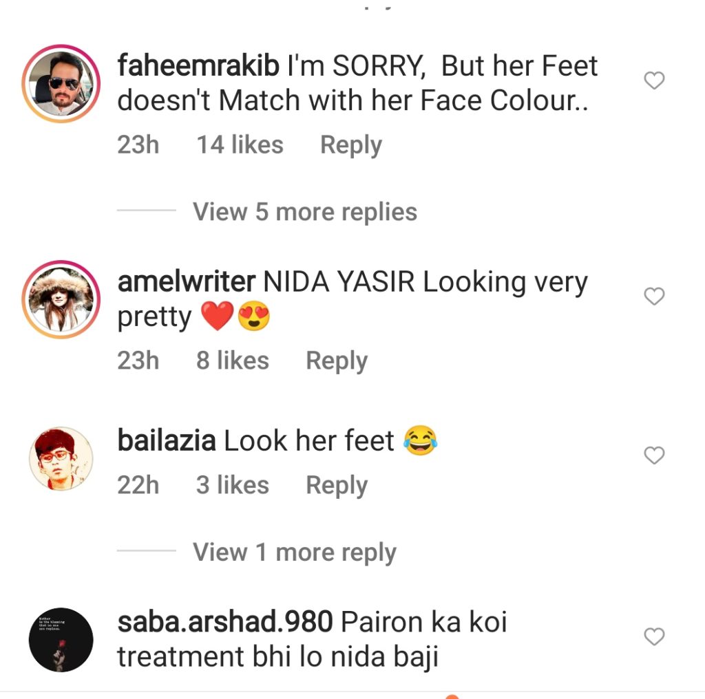 The public trolls Nida Yasir on her relatively tan legs