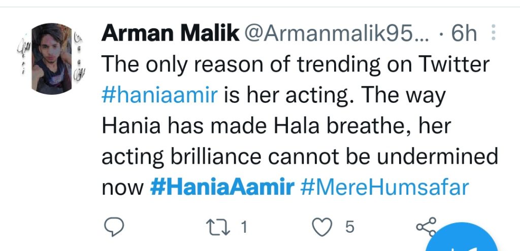 Twitter Users Praise Hania Aamir's Acting In Mere Humsafar