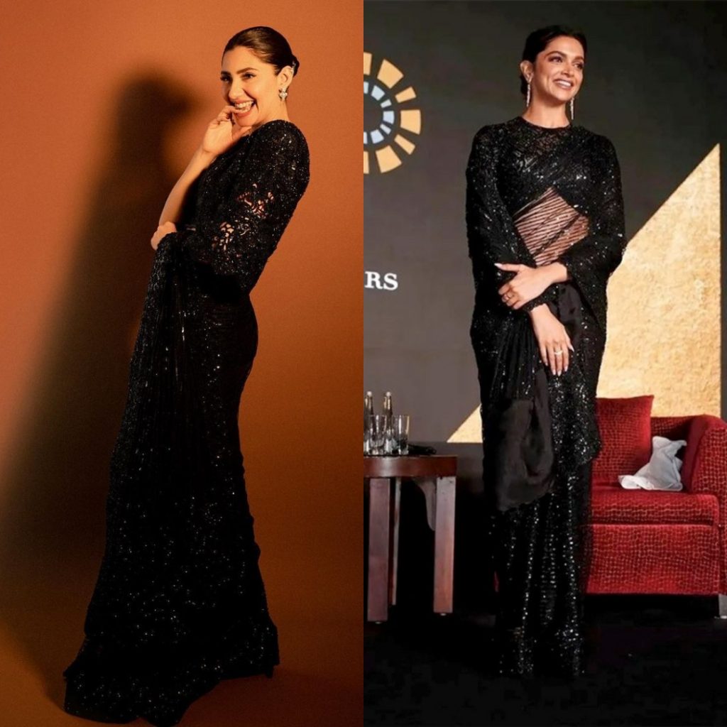 Mahira And Deepika Stun In Black Saree By Faraz Manan