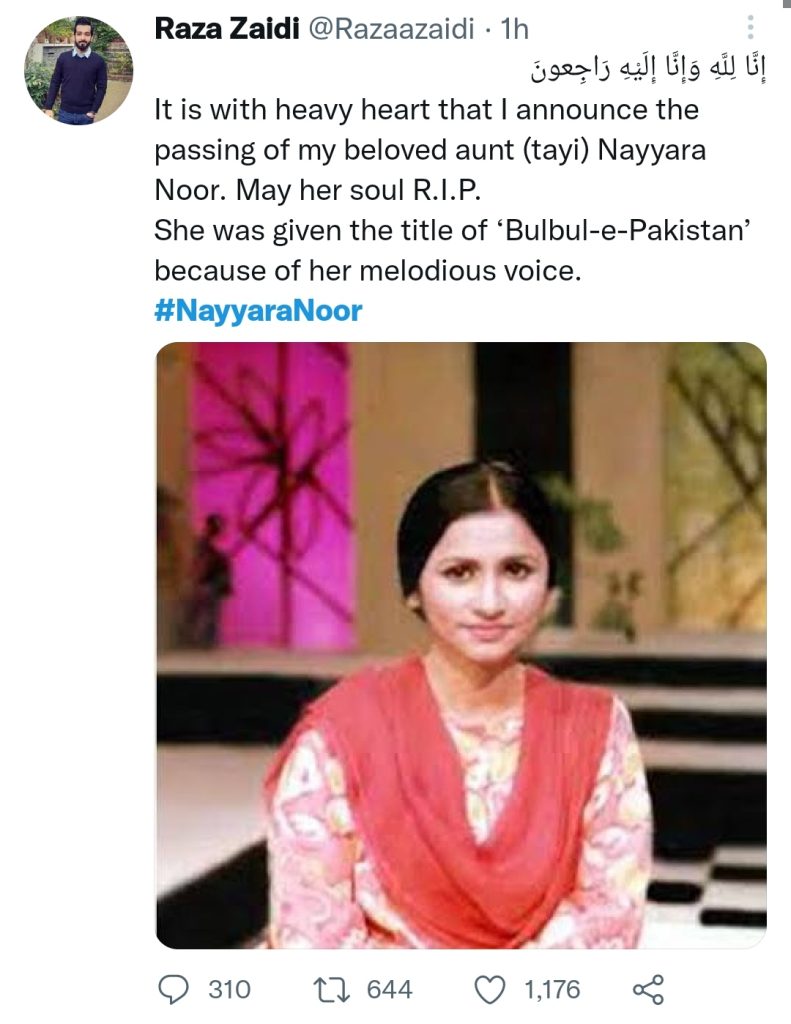 Legendary Singer Nayyara Noor Passes Away