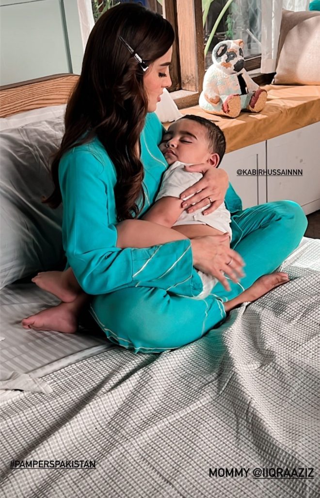 Iqra Aziz Pictures With Son From BTS of A Shoot