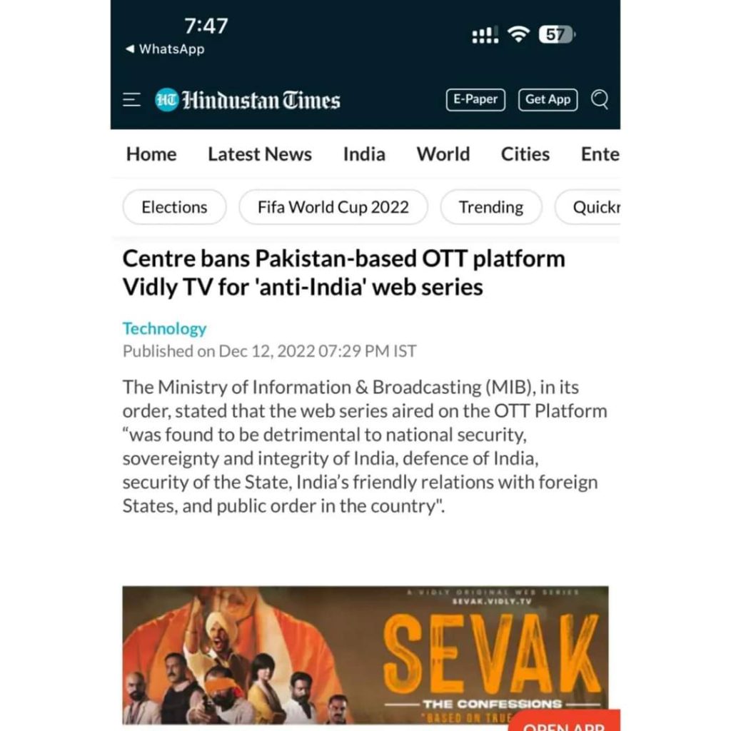 India Bans Pakistani App Vidly After New Web Series Sevak's Release
