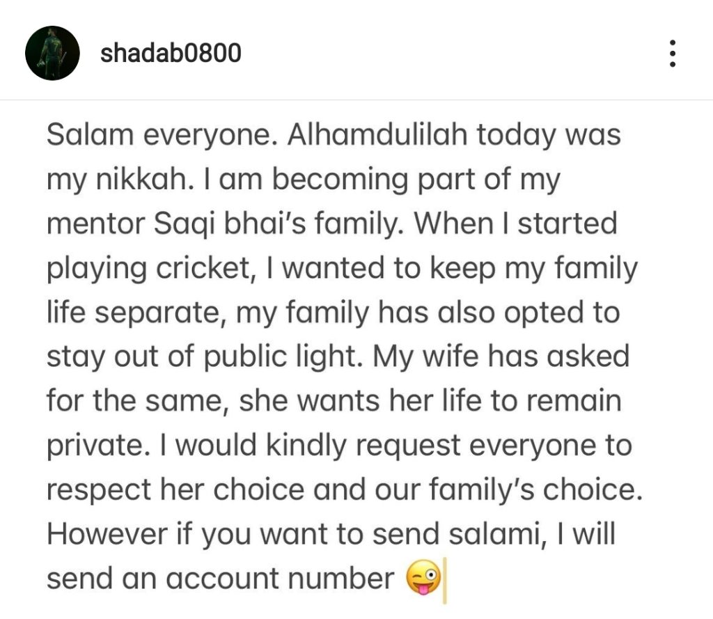 Shadab Khan Informs Fans About His Nikah
