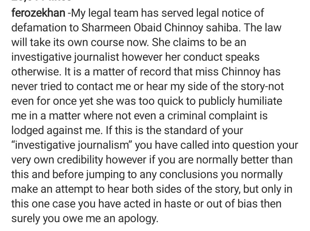 Feroze Khan Gives Details About His Legal Notice Against Sharmeen Obaid Chinoy