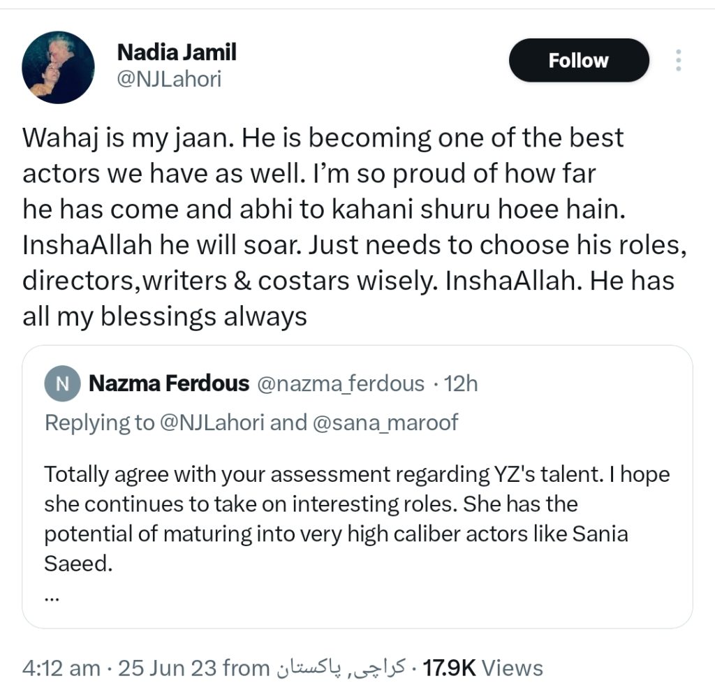 Nadia Jamil Applauds Wahaj Ali's Star Power