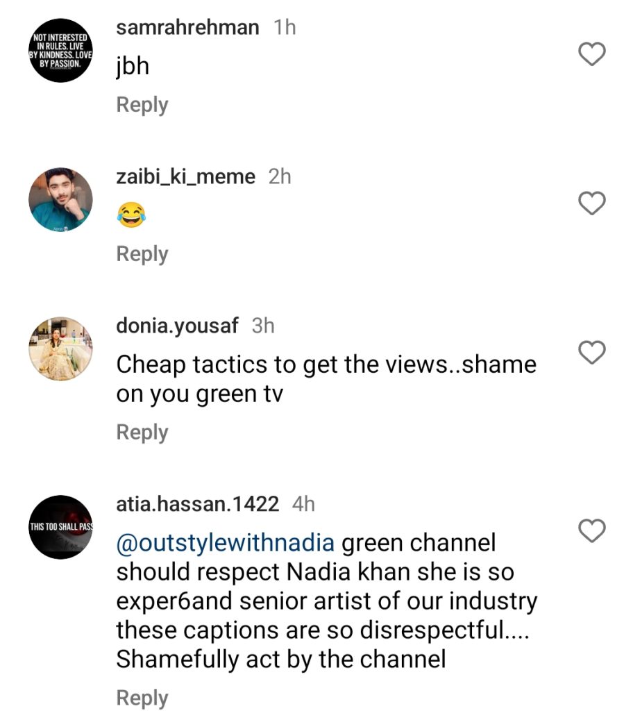 Green TV's Insulting Captions For Host Nadia Khan