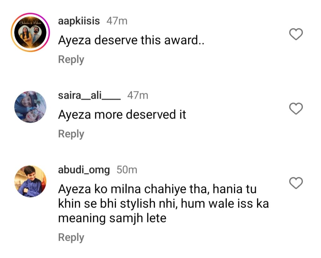 Hania Aamir Getting Award In Place Of Ayeza Khan Raises Eyebrows