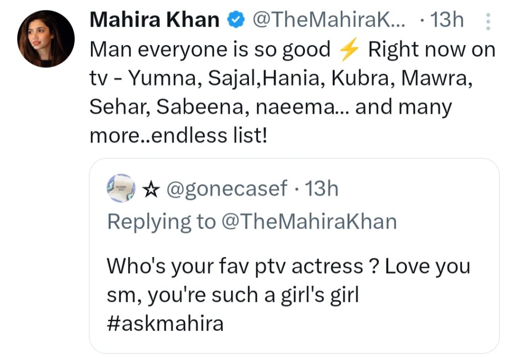 Mahira Khan Reveals Current Favourite Actors & Personal Updates