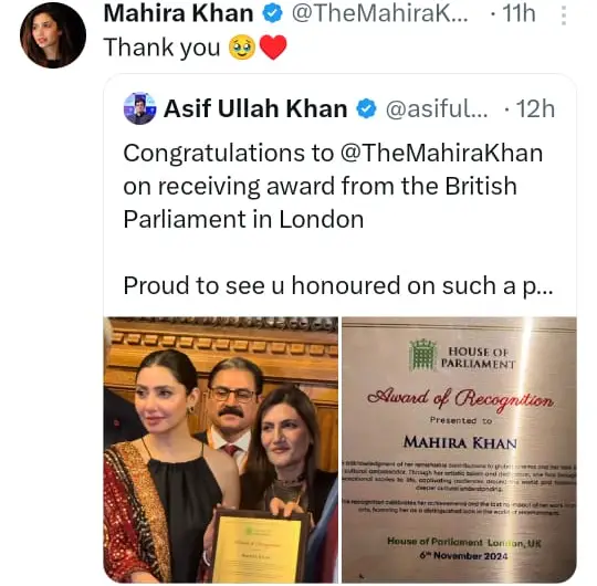 Mahira Khan Honoured By The UK Parliament