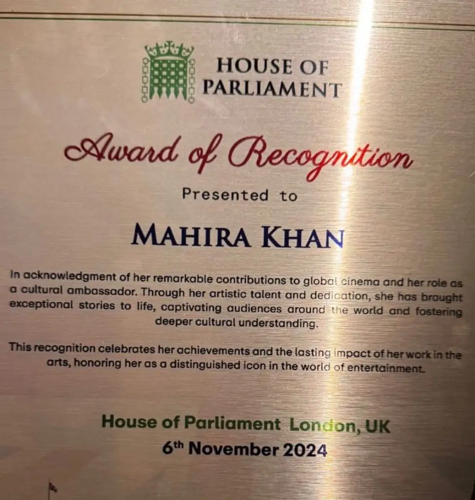 Mahira Khan Honoured By The UK Parliament