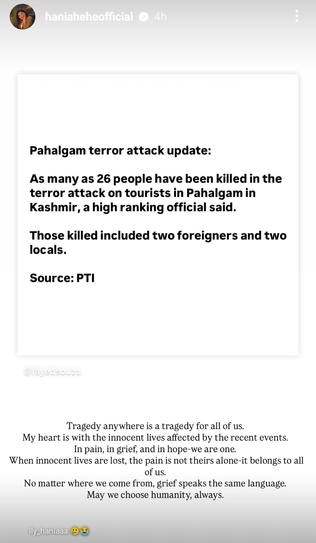 Hania Aamir & Farhan Saeed Face Backlash for Speaking Up on Pahalgam Incident