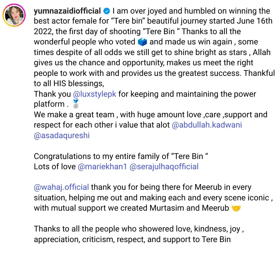 Yumna Zaidi’s Message After Becoming Most-Decorated LSA Winner