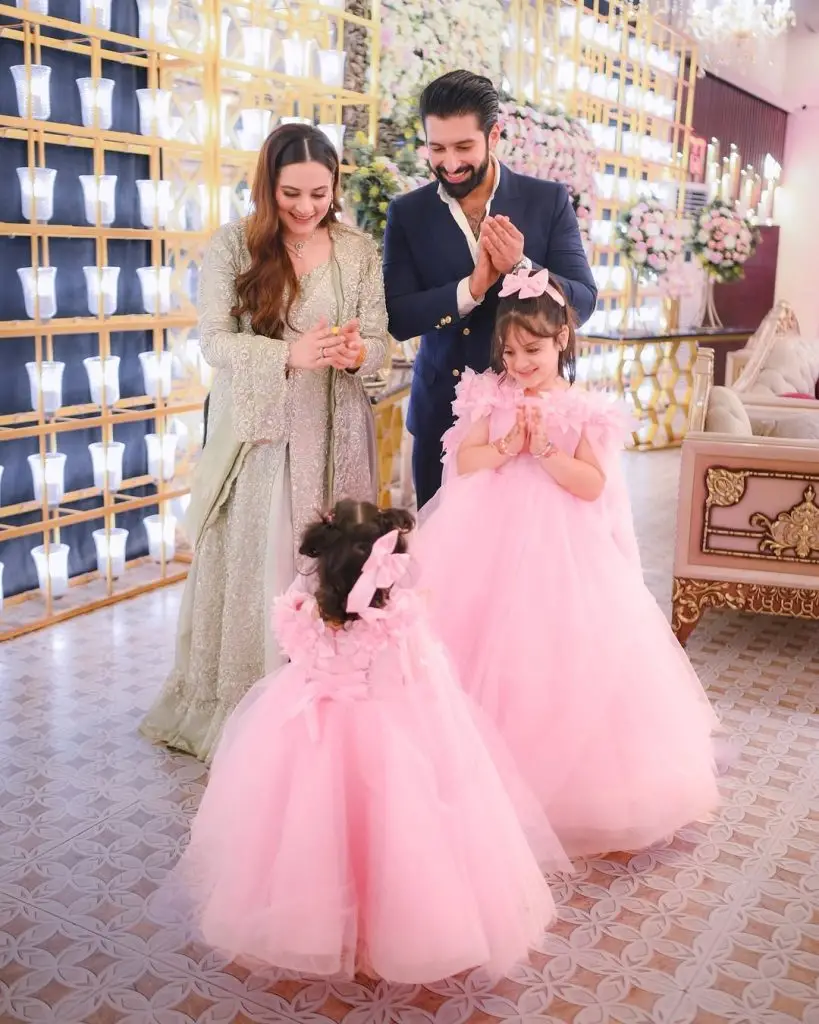 Aiman Khan & Muneeb Butt Clicks with Daughters from Maaz’ Walima