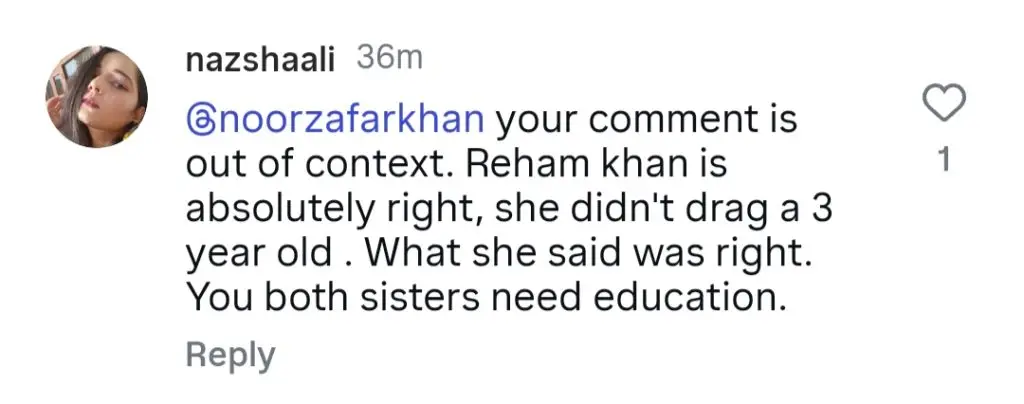 Noor Zafar Khan Replies To Reham Khan For Attacking Sarah Khan