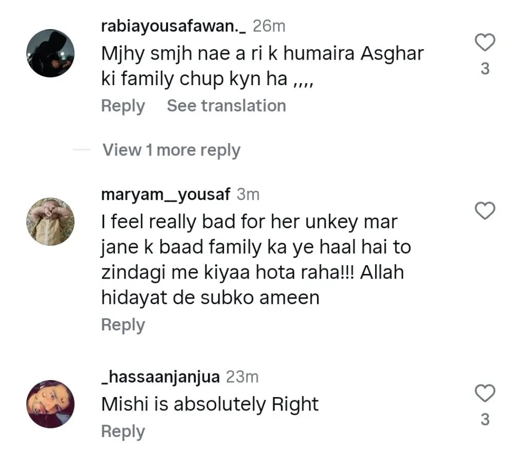 Mishi Khan Calls Out Humaira Asghar’s Parents Insensitivity