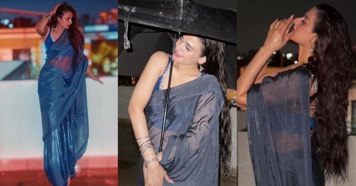 Hira Mani in bold saree enjoying rain