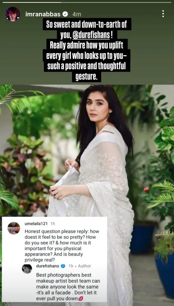 Imran Abbas Reacts to Durefishan’s Viral Comment