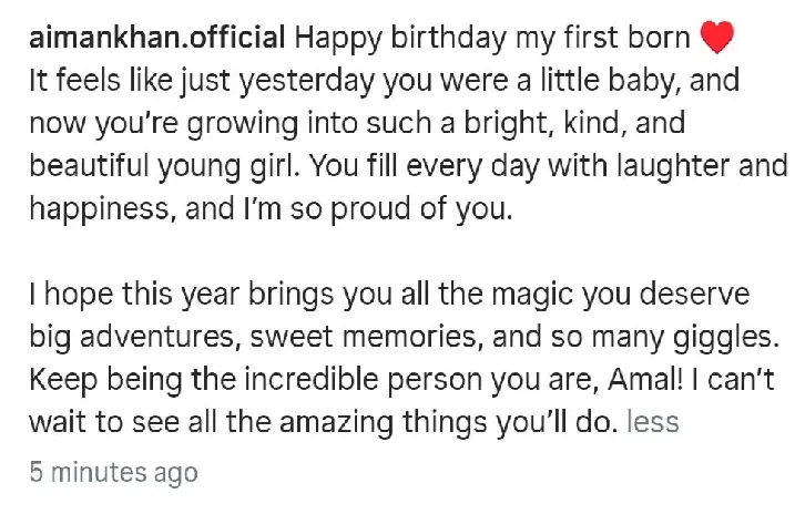 Aiman Khan’s Heartfelt Birthday Wish for Eldest Daughter Amal
