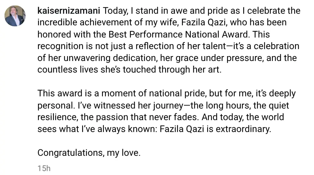 Kaiser Nizamanai’s Heratfelt Note For Wife Fazila Qazi