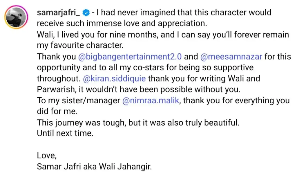 Samar Jafri Pens An Emotional Note For Parwarish