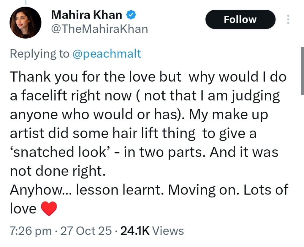 Mahira Khan Responds to Eyebrow Lift Rumors