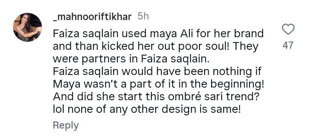 Faiza Saqlain Accuses Maya Ali for Copying Her Designs
