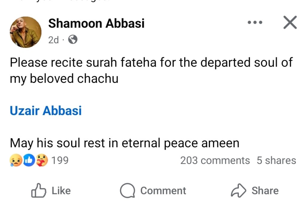 Shamoon Abbasi’s Chachu, Actor Uzair Abbasi, Passes Away