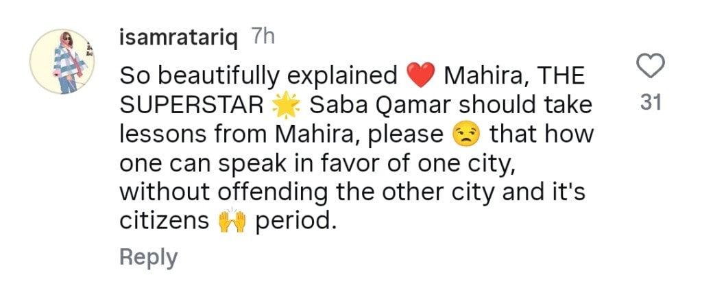 Mahira Khan Responds To Saba Qamar’s Karachi Statement
