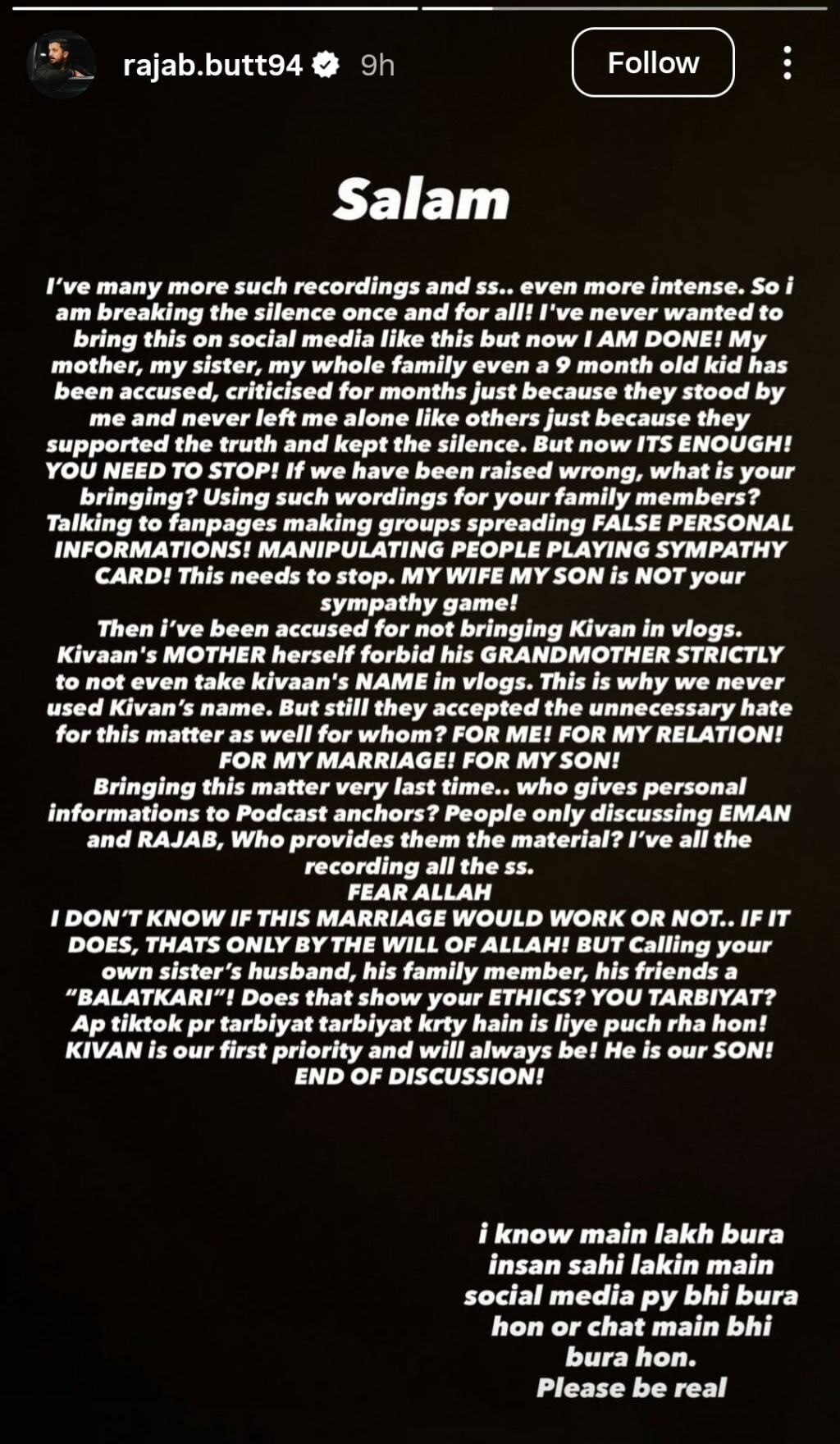 Rajab Butt’s Final Warning to Wife & Her Family