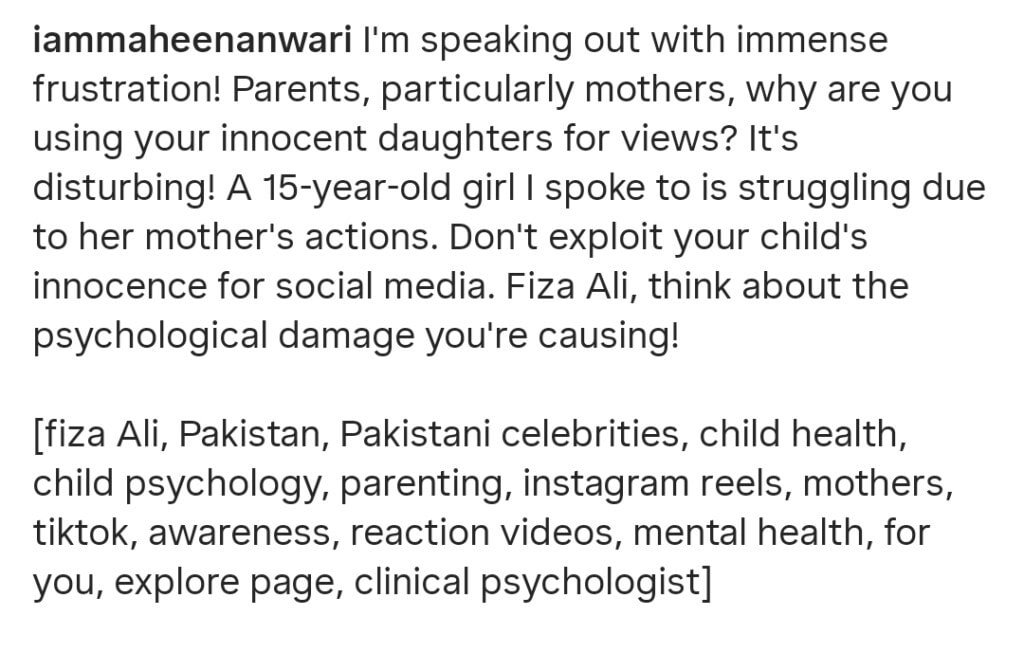 Renowned Psychologist Calls Out Fiza Ali For Using Daughter for Views