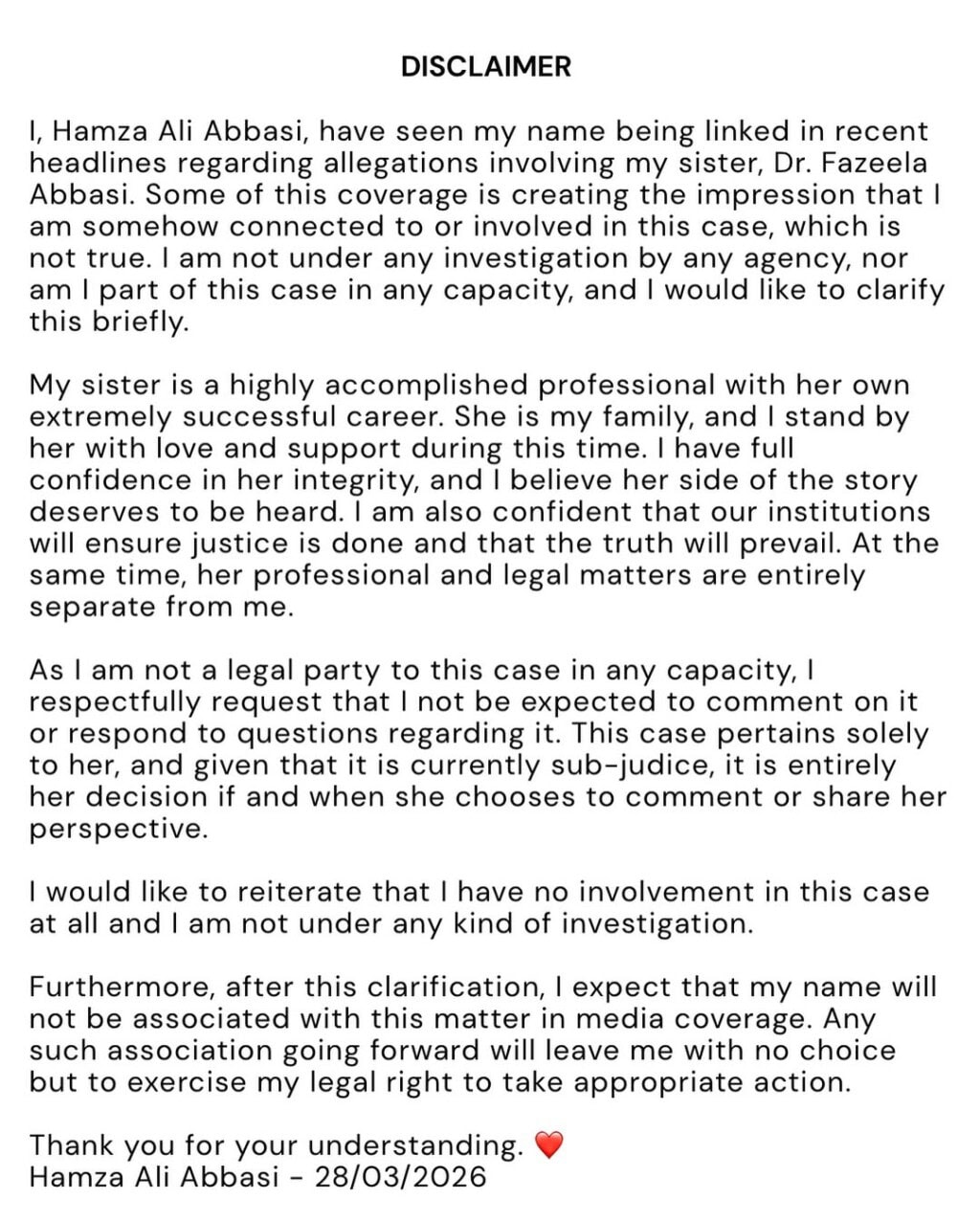 Hamza Ali Abbasi Responds To Sister’s Money Laundering Allegations