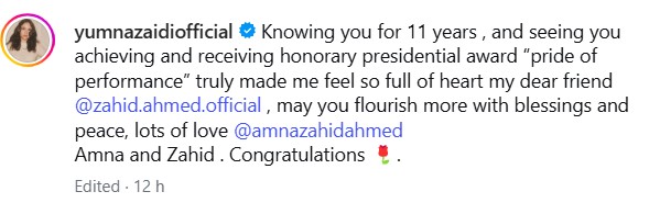 Yumna Zaidi’s Beautiful Gesture For Best Friend Zahid Ahmed